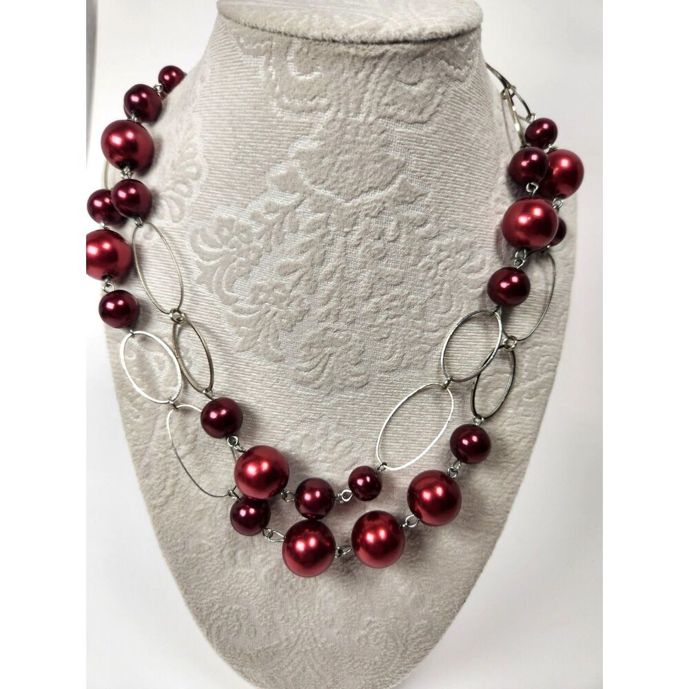 Burgundy Pearl Beaded Statement Necklace Silver Oval Links 22” Long or Short